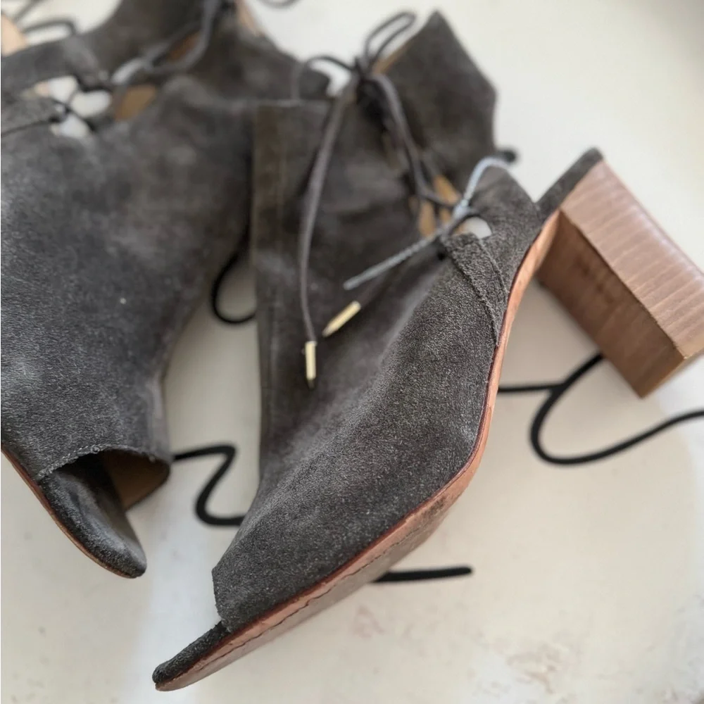 Vaneli Grey Suede Open Toe Booties Lace Up Block Heel Cutout Ankle Heels Neutral